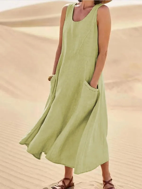 Relaxed Linen Midi Dress With Side Pockets