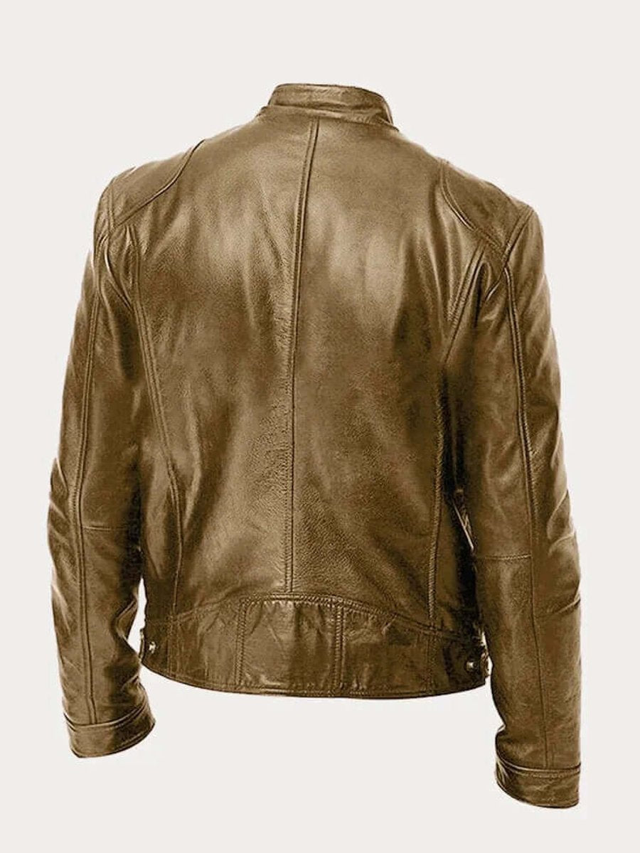 Classic Stand Collar Genuine Leather Biker Jacket