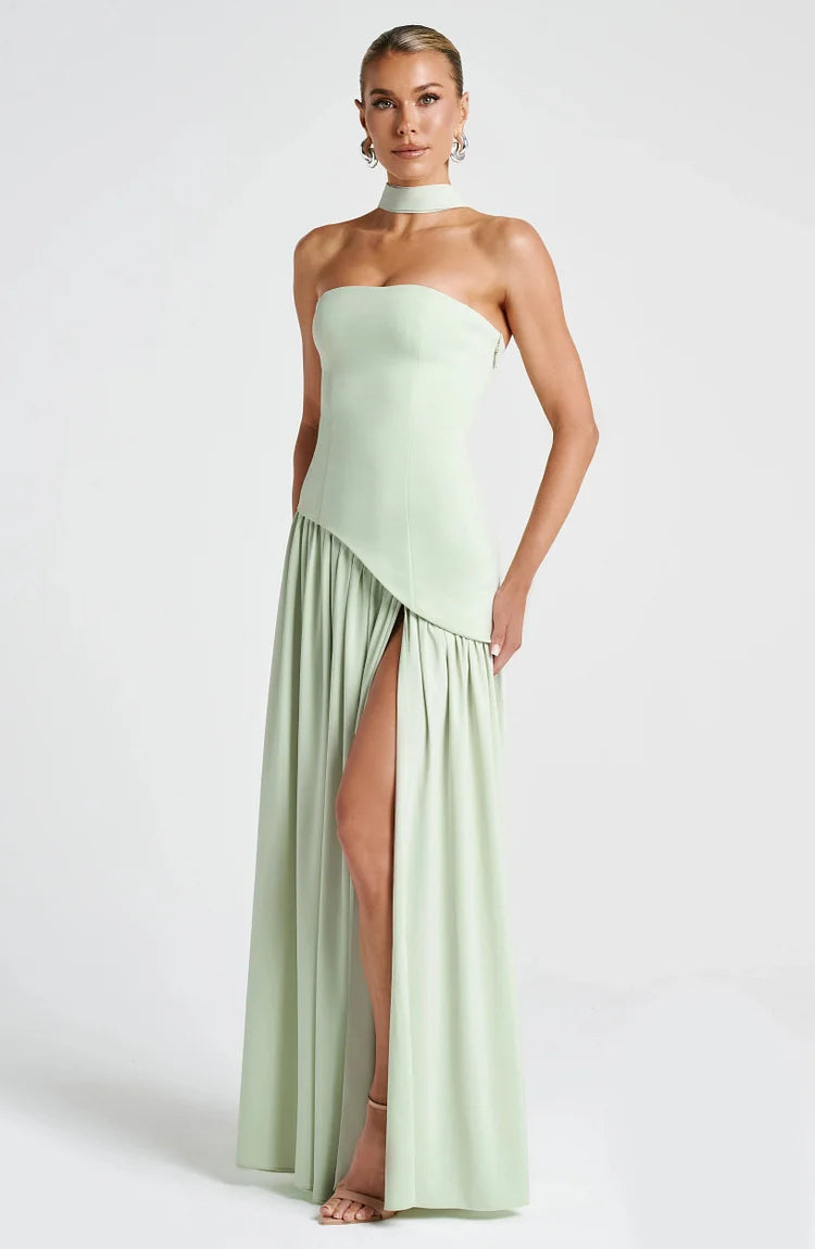 Strapless Asymmetric Hem Chiffon Maxi Dress