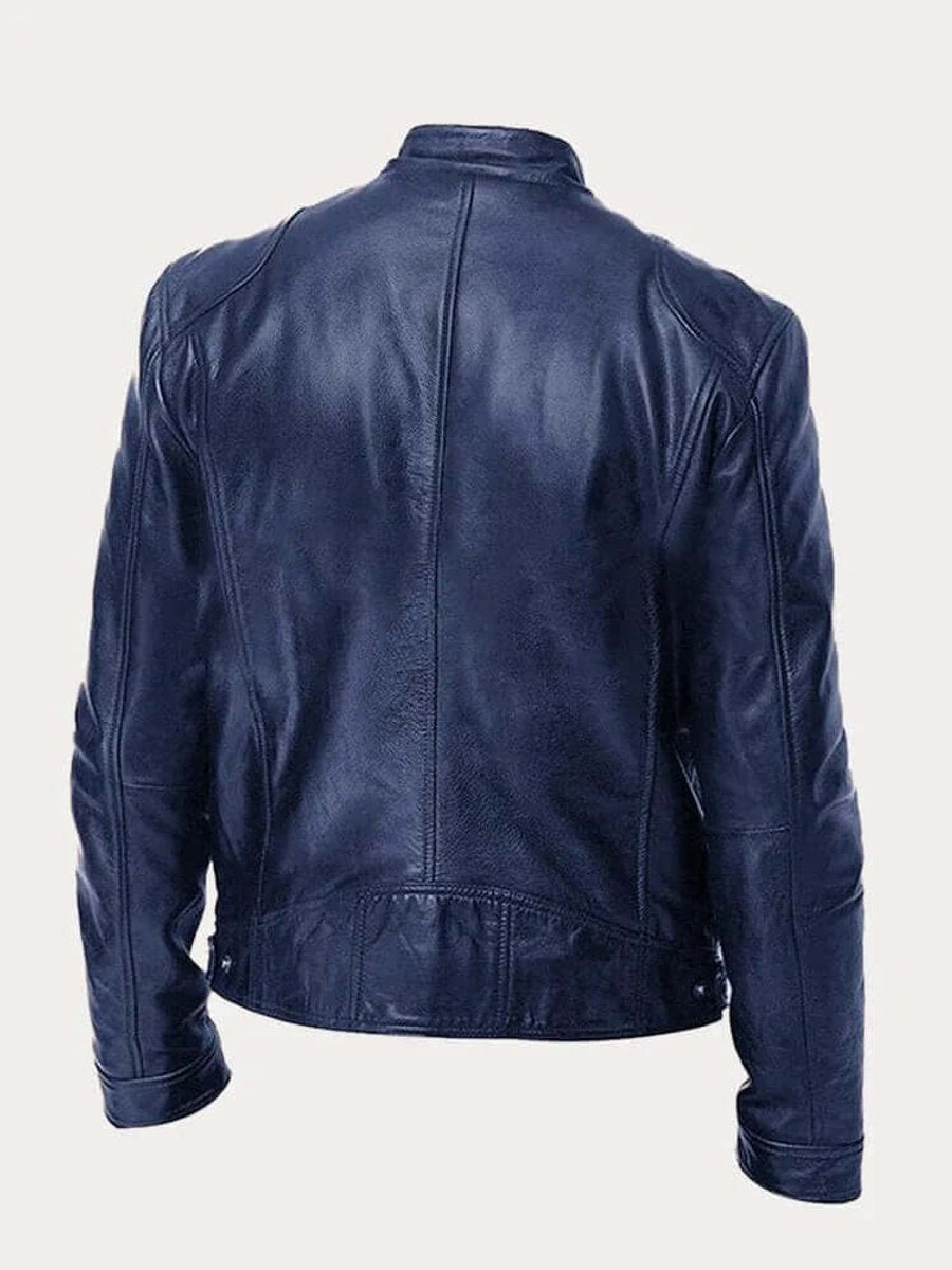 Classic Stand Collar Genuine Leather Biker Jacket