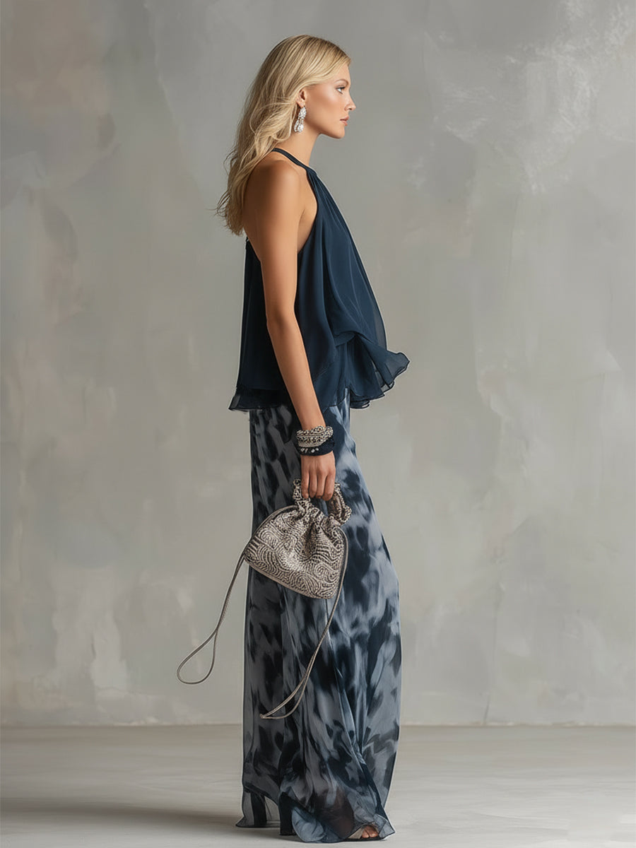 High-Neck Blouse and Printed Wide-Leg Trousers Set