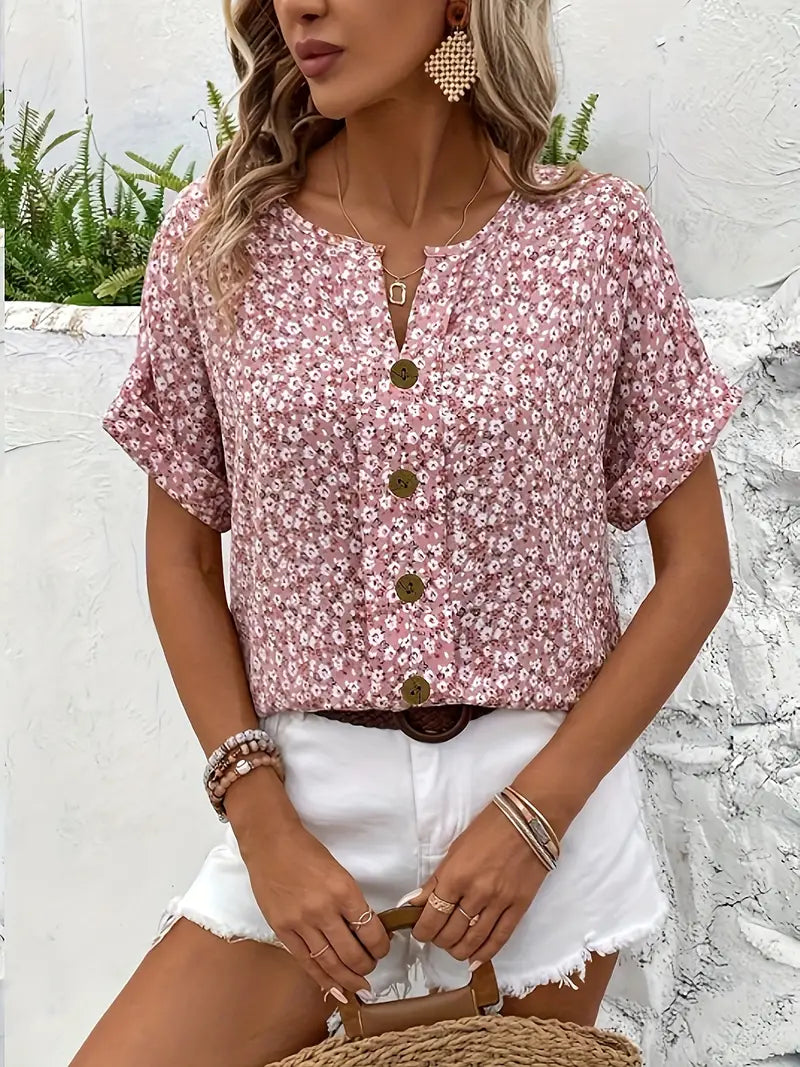 Floral Print Short Sleeve Relaxed Blouse