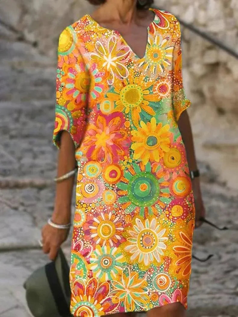 Floral V-Neck Short Sleeve Midi Dress
