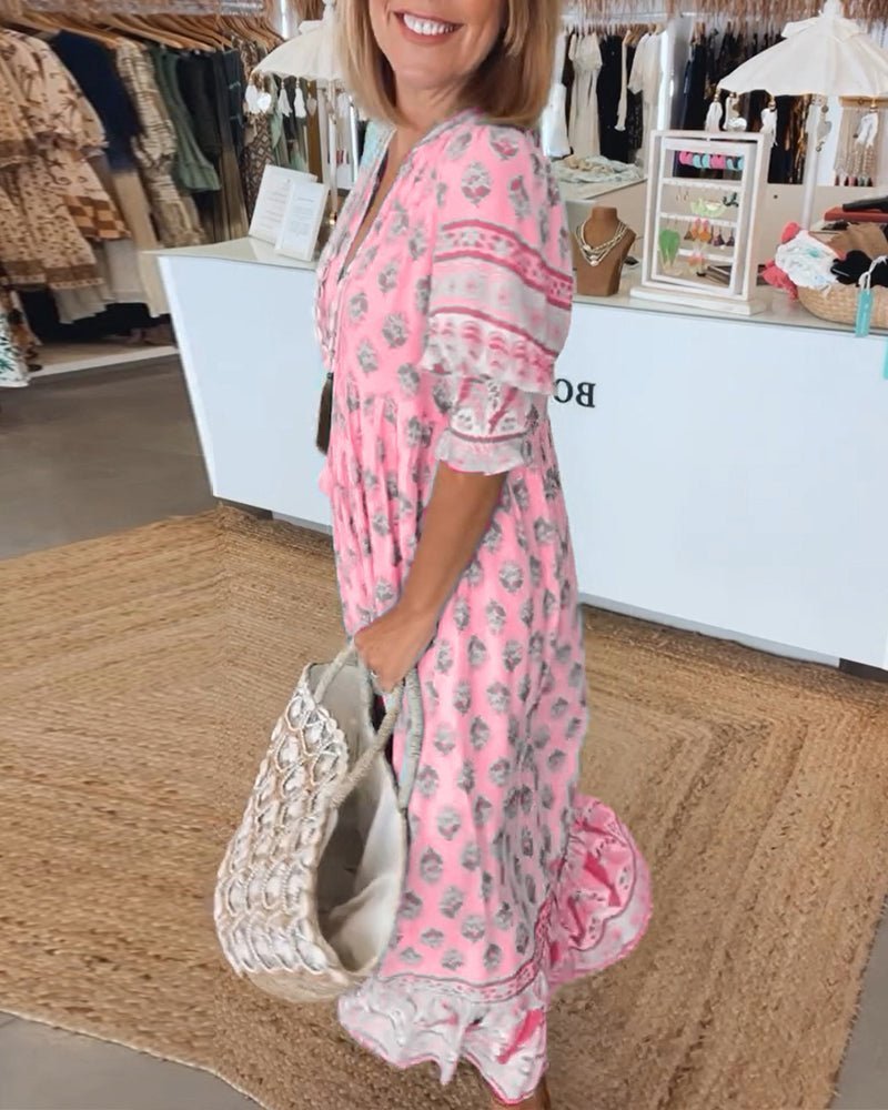 Floral V-Neck Midi Dress with Wrap Skirt