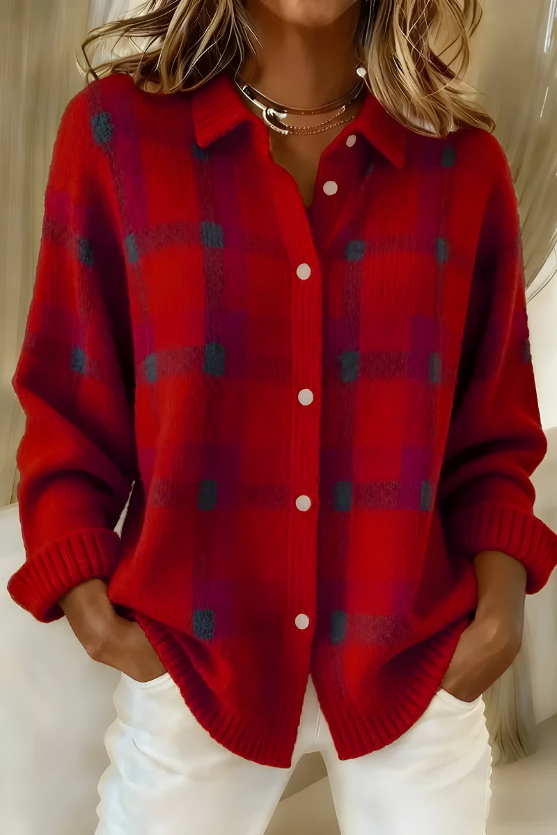 Loose Fit Plaid Cardigan In Soft Retro Knit