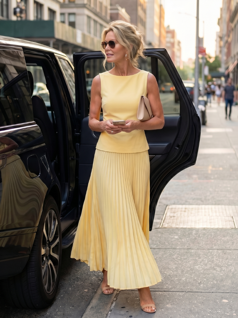 Structured Bodice Pleated Maxi Skirt Two Piece Set