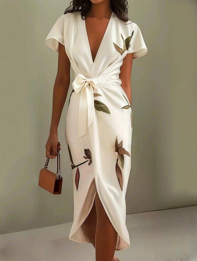 Tied Waist V-Neck Wrap Dress
