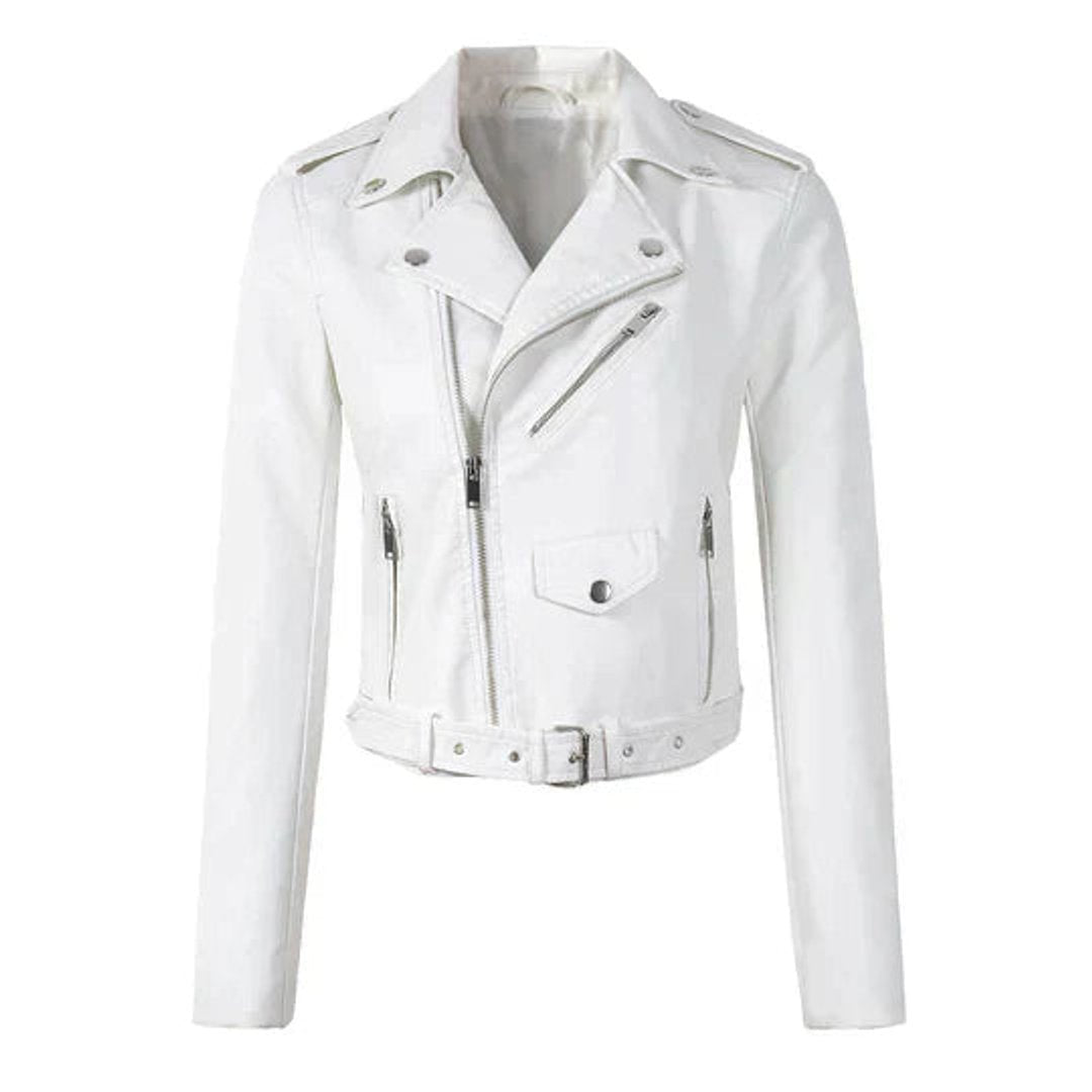 Belted Cropped Moto Jacket With Silver Hardware