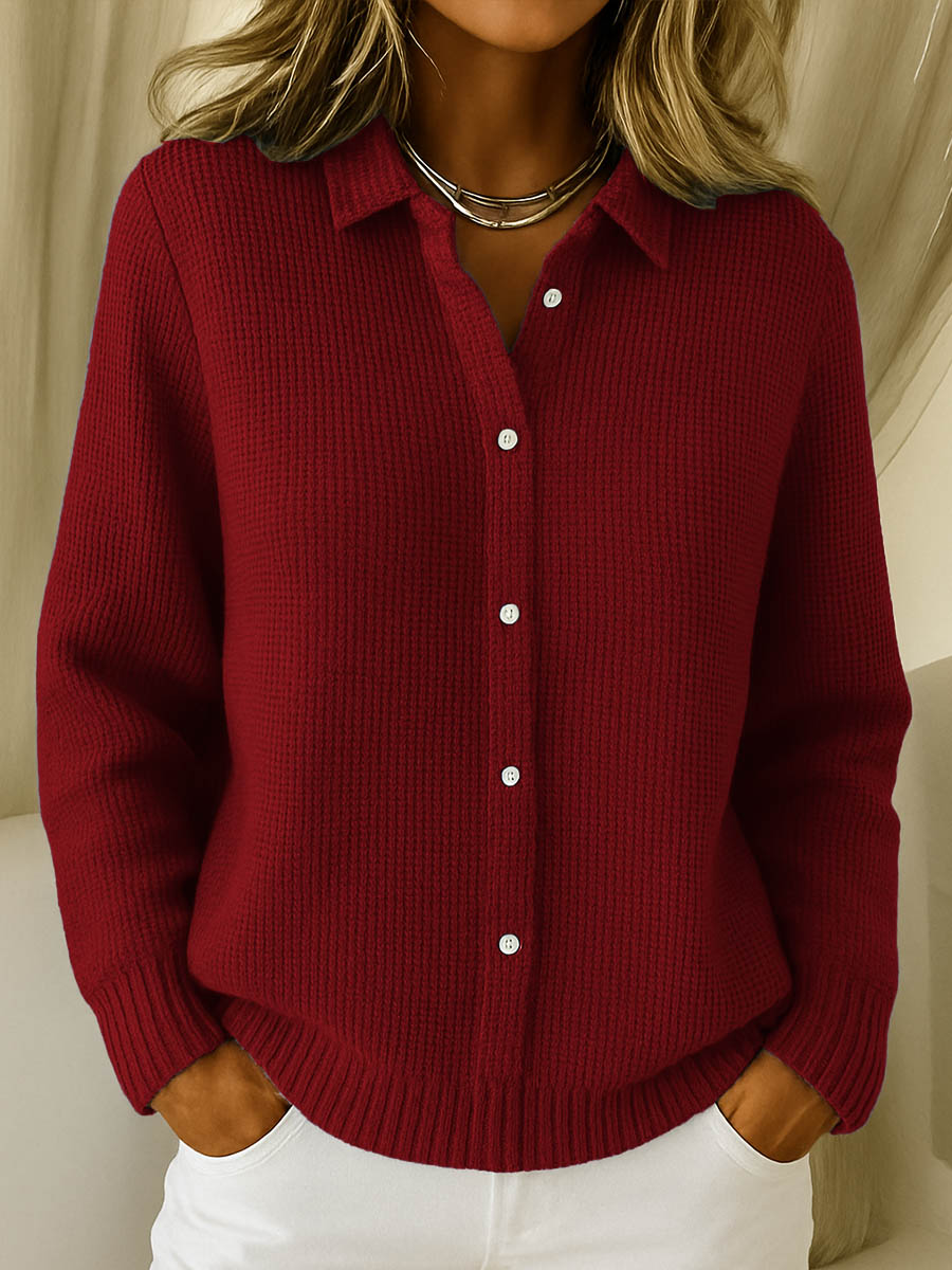 Fitted Hip Length Cardigan With Shirt Collar