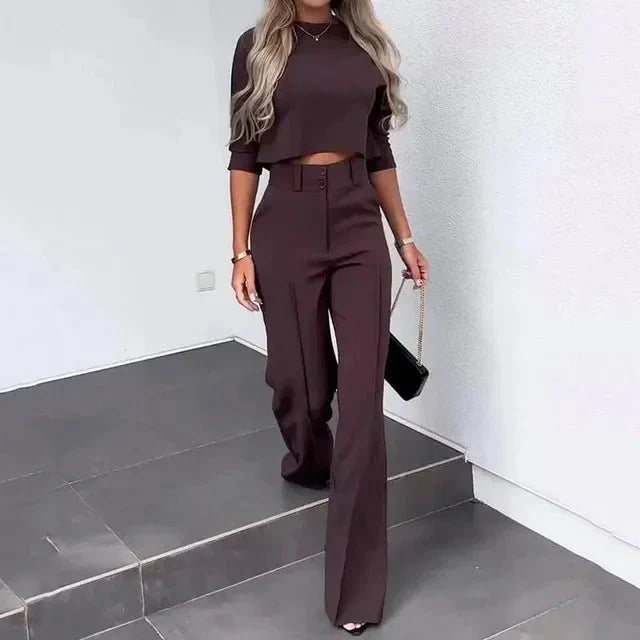 Cropped Top and Pants Set for Women - Elegant Two-Piece Casual Outfit