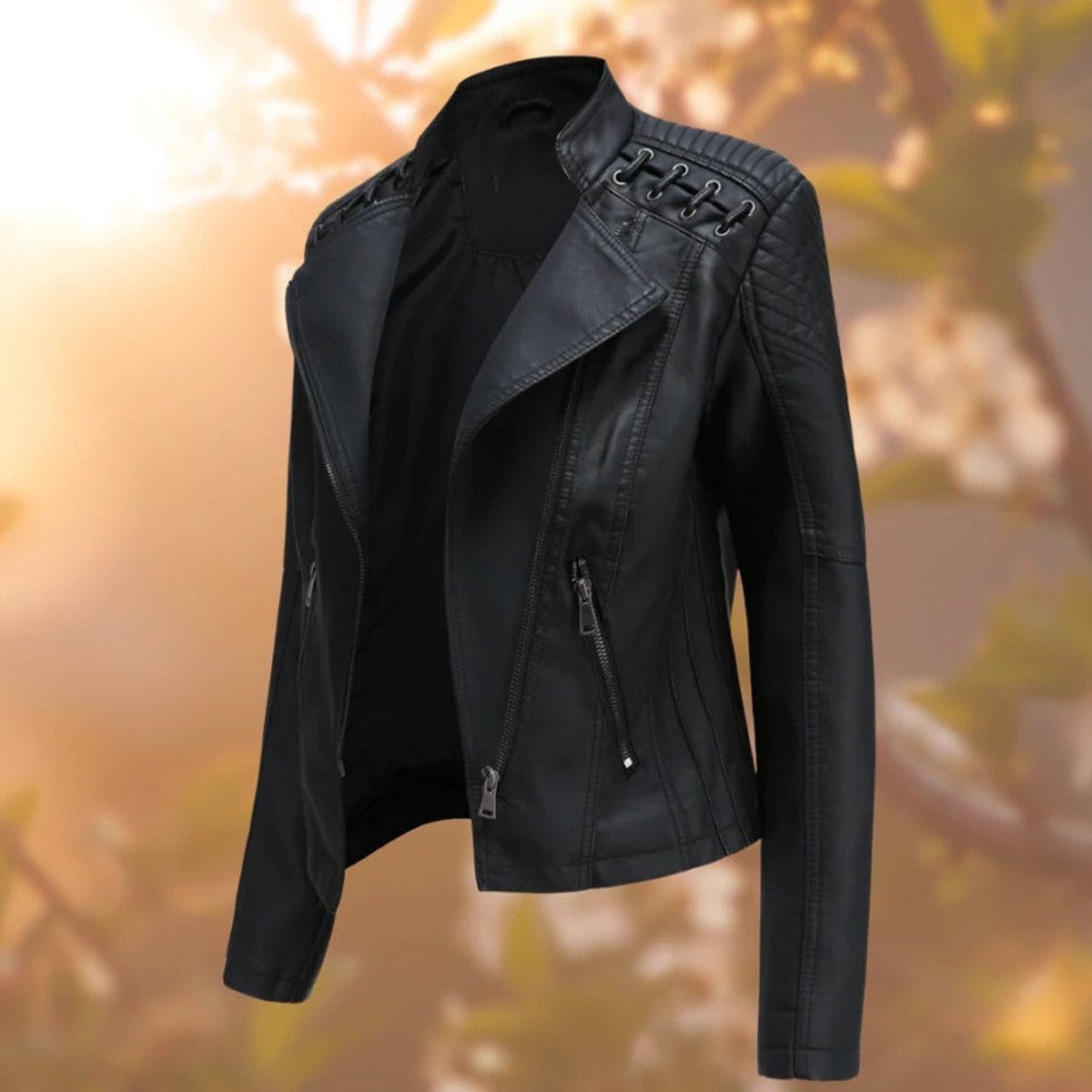 Asymmetric Zip Biker Jacket With Shoulder Lacing