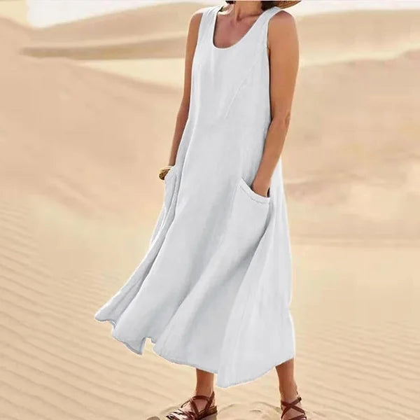 Relaxed Linen Midi Dress With Side Pockets
