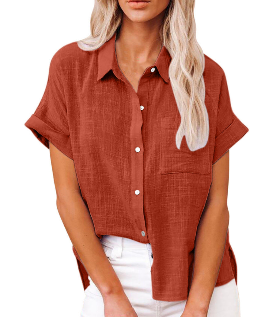 Loose Fit Cotton-Linen Short Sleeve Blouse
