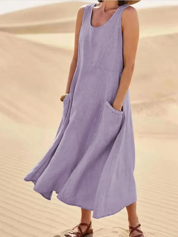 Relaxed Linen Midi Dress With Side Pockets