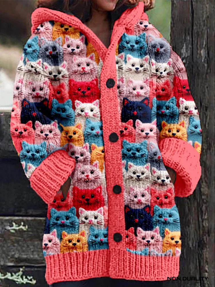 Oversized Cat Pattern Knit Cardigan