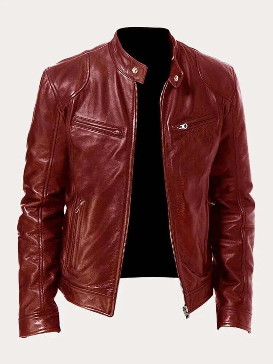 Classic Stand Collar Genuine Leather Biker Jacket
