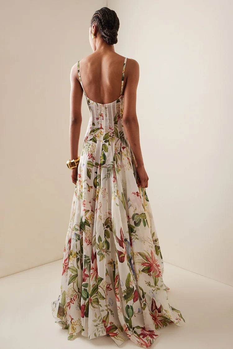 Ruched Sweetheart Neck Backless Floral Maxi Dress