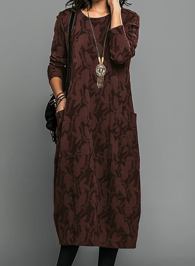 Leaf Print Winter Dress With Pockets