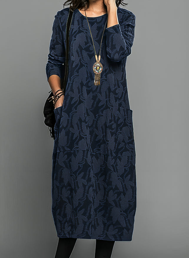 Leaf Print Winter Dress With Pockets