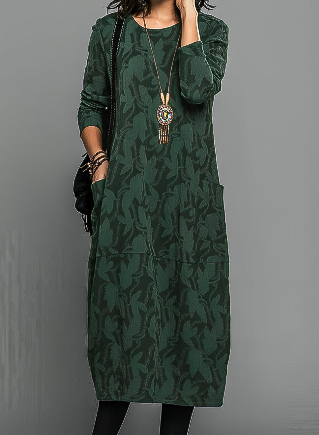 Leaf Print Winter Dress With Pockets