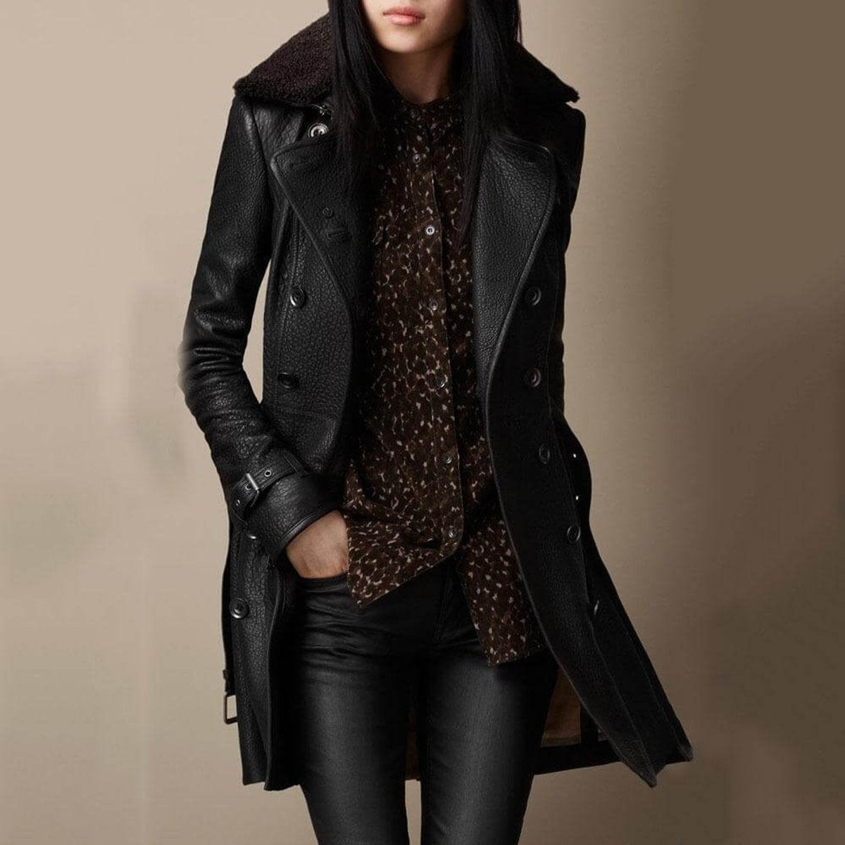 Double Breasted Shearling Collar Leather Jacket