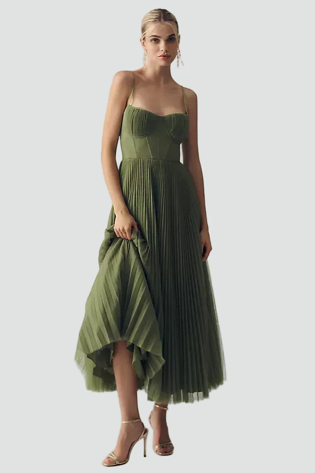 Corset Midi Cocktail Dress With Pleated Skirt