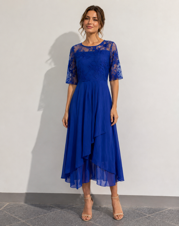 Lace Midi Cocktail Dress With Tulle Hem