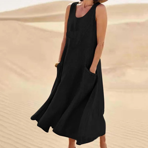 Relaxed Linen Midi Dress With Side Pockets