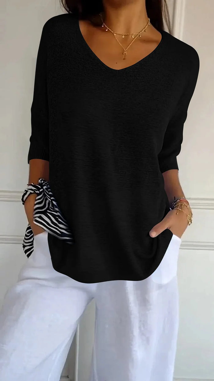 V-Neck Knit Top With Relaxed Fit
