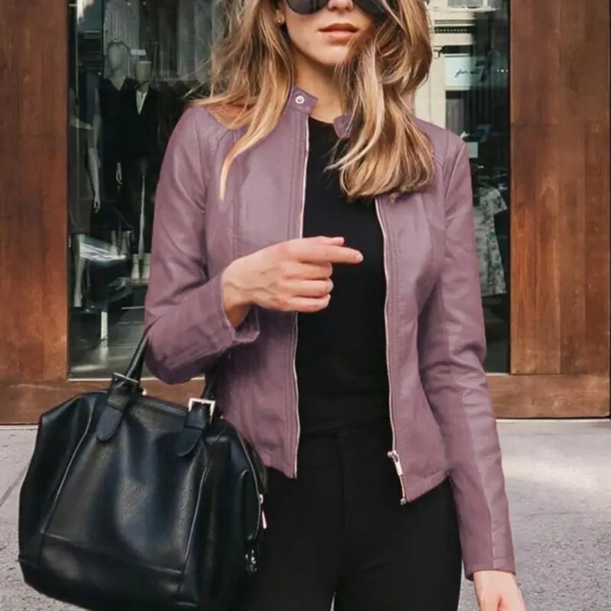 Cropped Stand Collar Faux Leather Zip Jacket