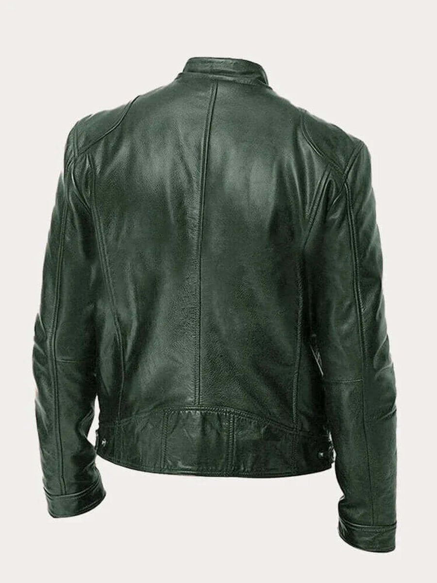 Classic Stand Collar Genuine Leather Biker Jacket