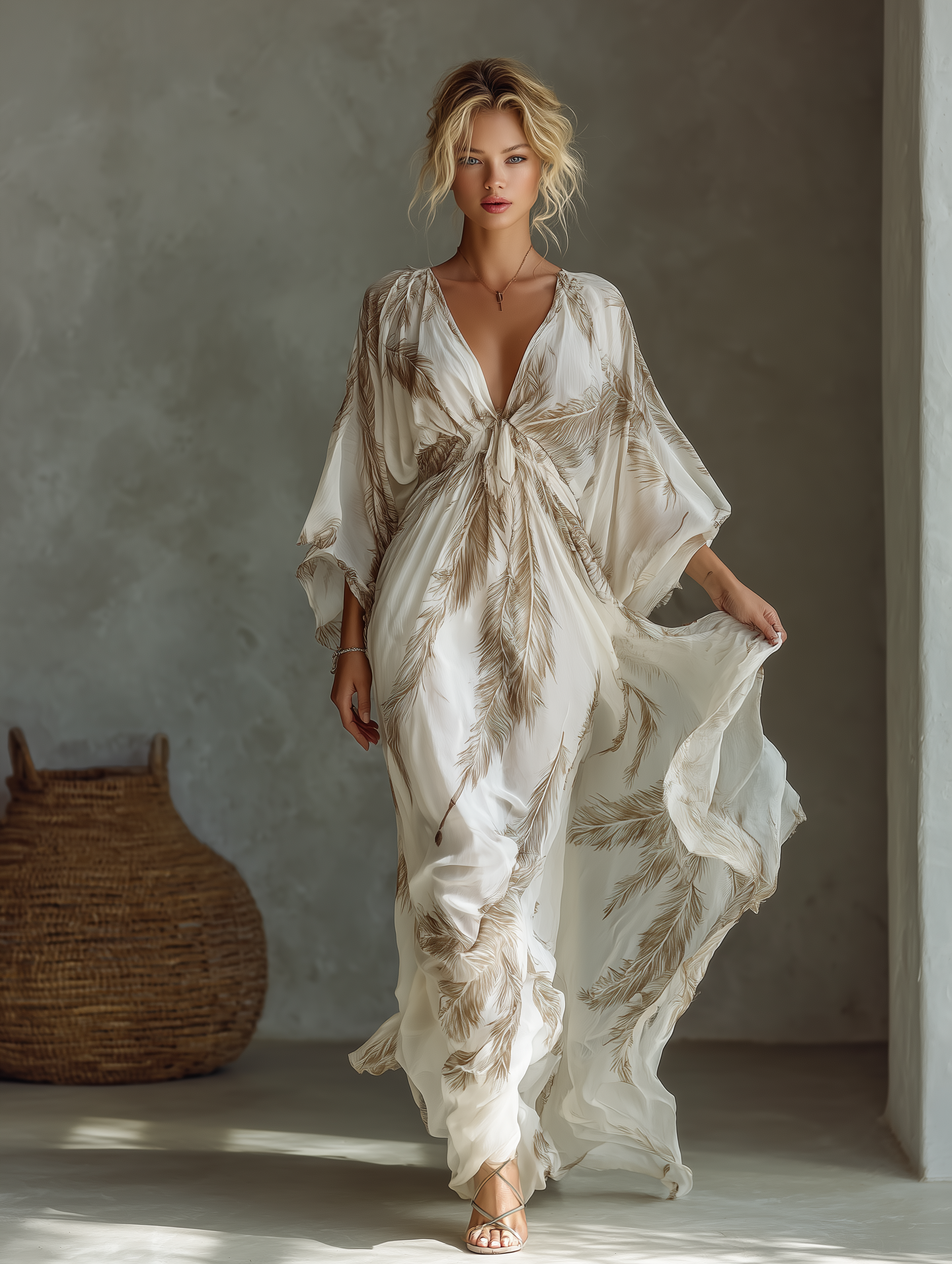 Dolman Sleeve Palm Leaf Print Twist-Front Maxi Dress
