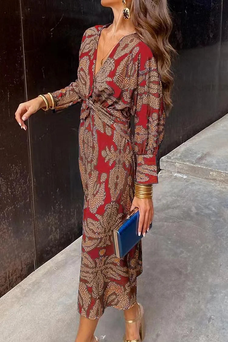 Floral Ruched V-Neck Three-Quarter Sleeve Midi Dress