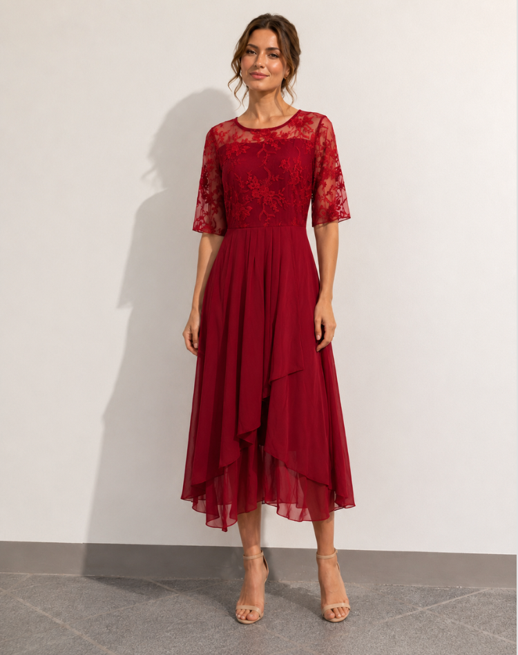 Lace Midi Cocktail Dress With Tulle Hem