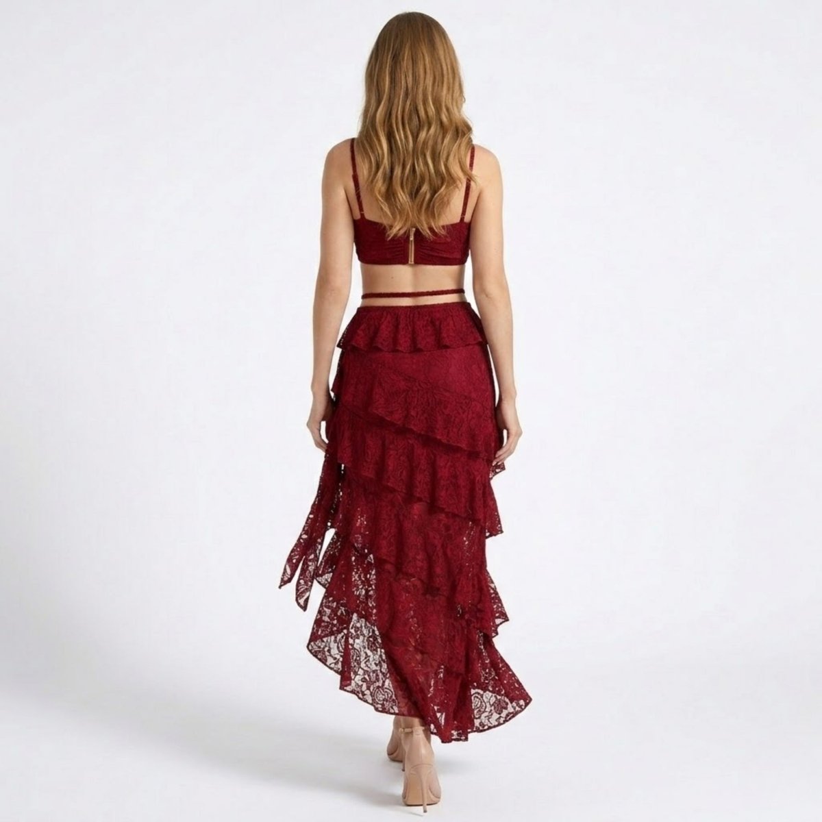 Guipure Lace Bustier and Tiered Maxi Skirt Co-Ord Set