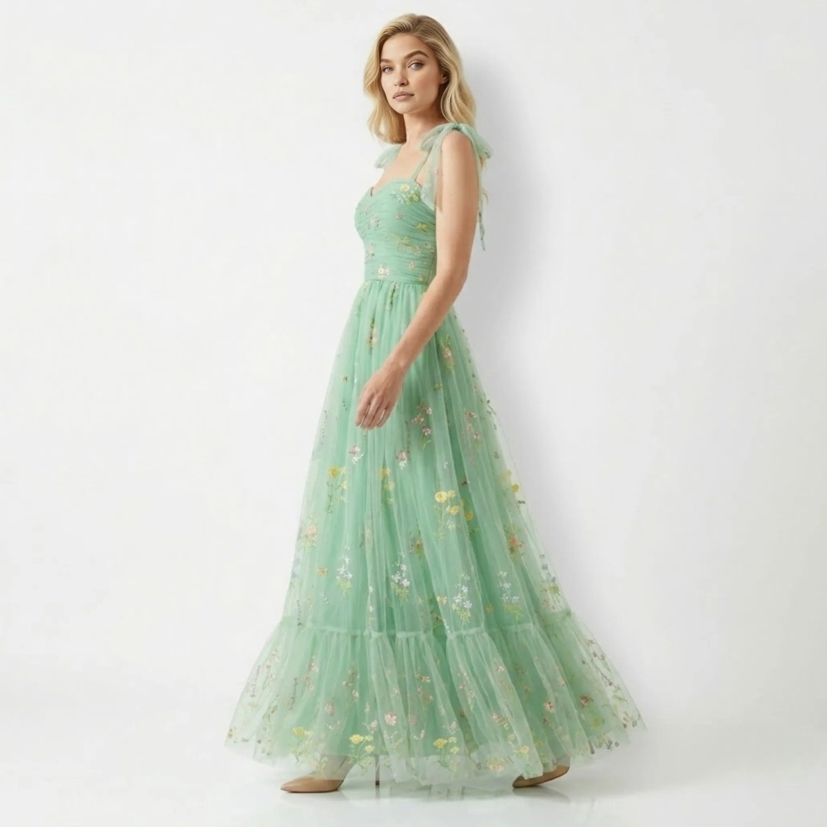 Floral Embroidered Tulle A-Line Evening Gown