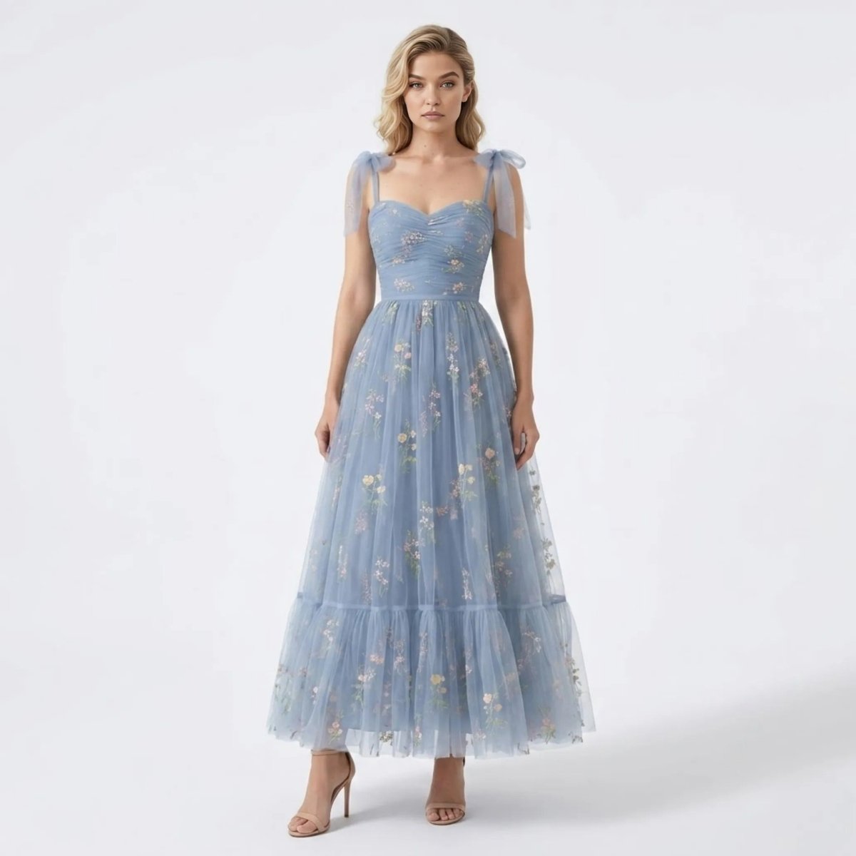 Floral Embroidered Tulle A-Line Evening Gown