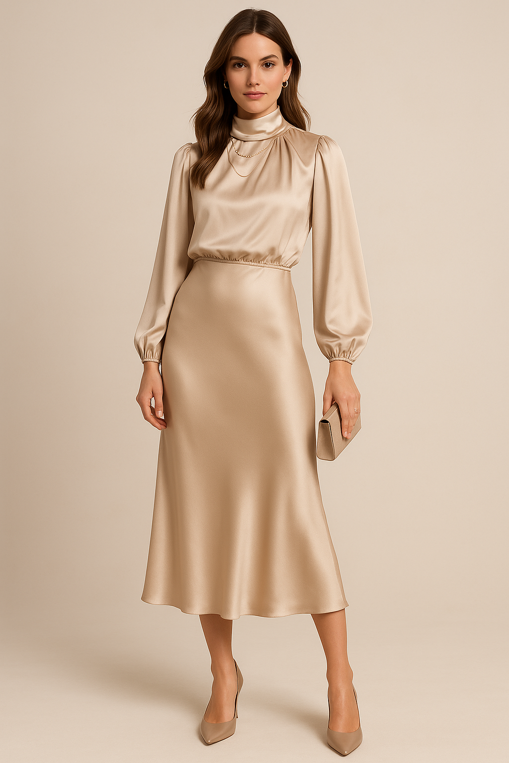 Satin Midi Dress for Women - High Neck Long Sleeve Elegant Evening Dress