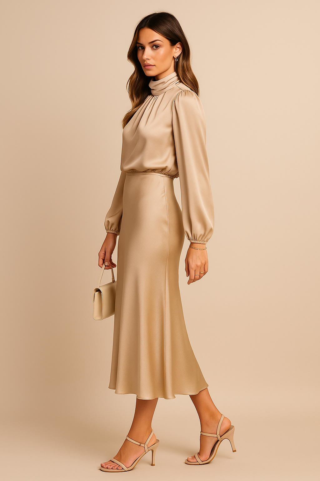 Satin Midi Dress for Women - High Neck Long Sleeve Elegant Evening Dress