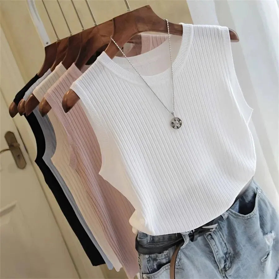 Sleeveless O-Neck Knit Vest Top for Women
