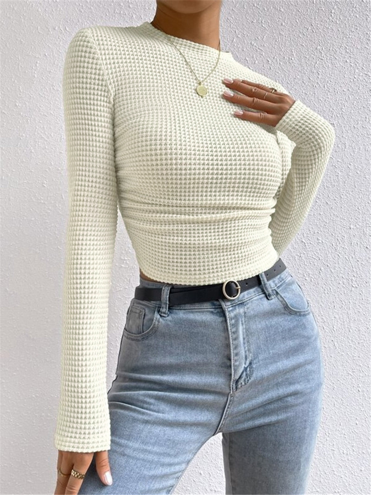 Fitted Waffle Knit Long Sleeve Top