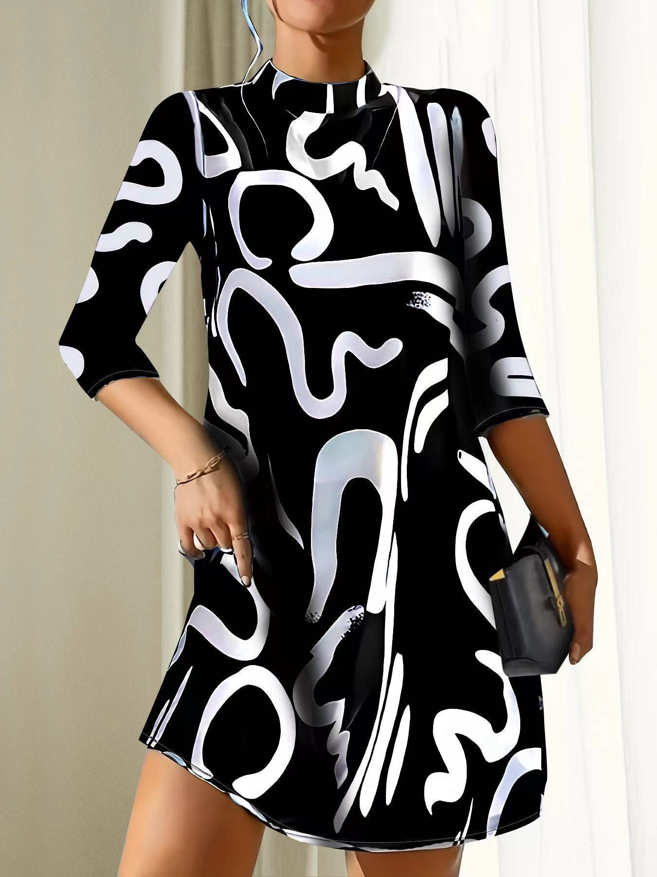 Round Neck Three Quarter Sleeve Mini Dress