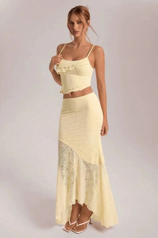 Floral Lace Ruffle Camisole and Asymmetric Maxi Skirt Set