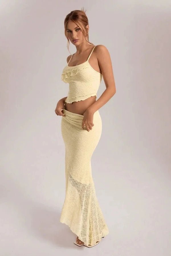Floral Lace Ruffle Camisole and Asymmetric Maxi Skirt Set
