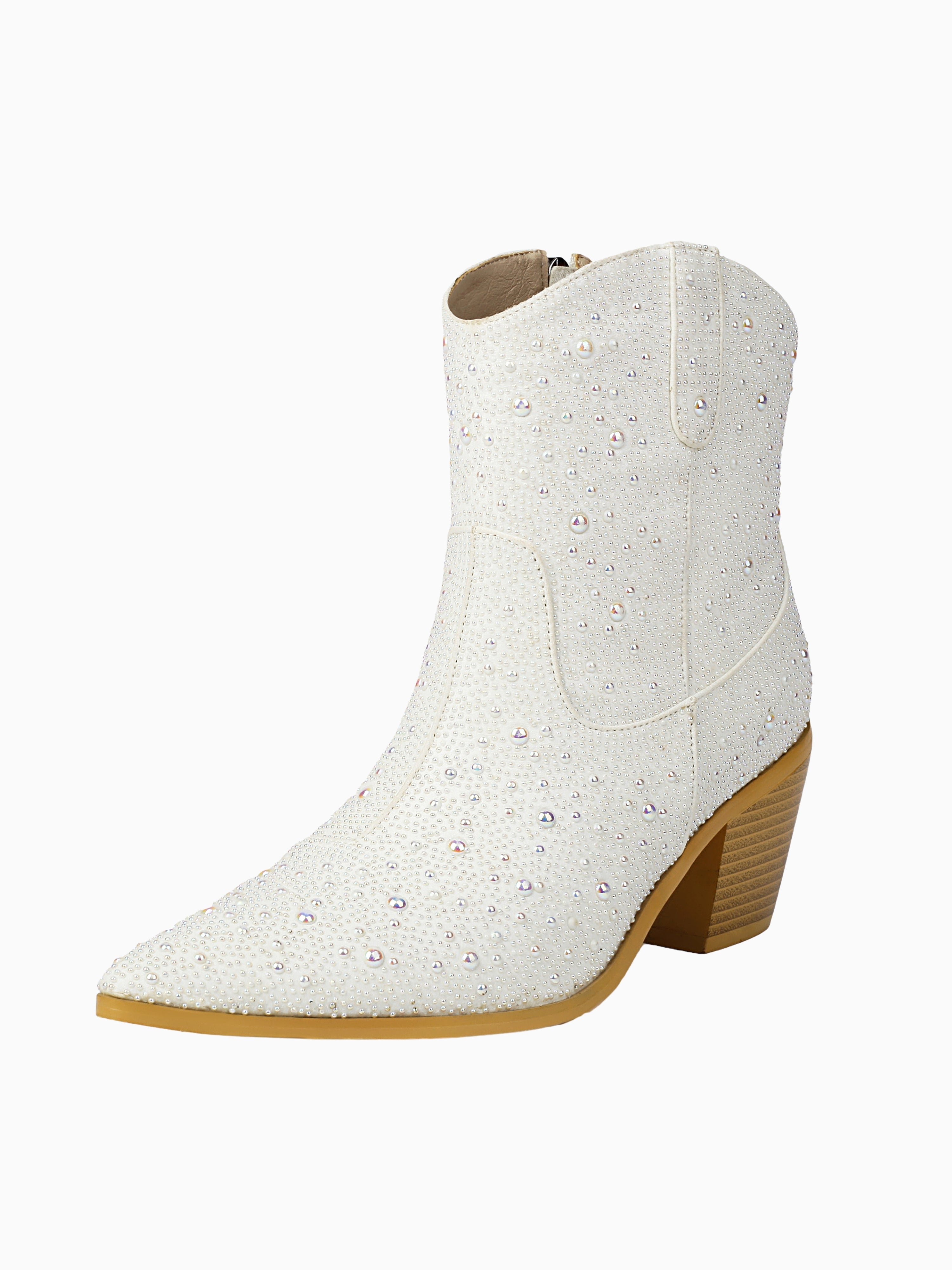 Pearl Rhinestone Bridal Ankle Cowgirl Boots in White