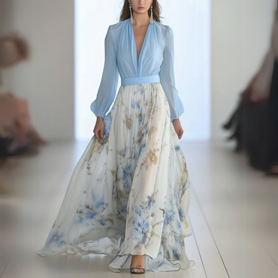 Floral V-Neck Fitted Bodice Maxi Dress