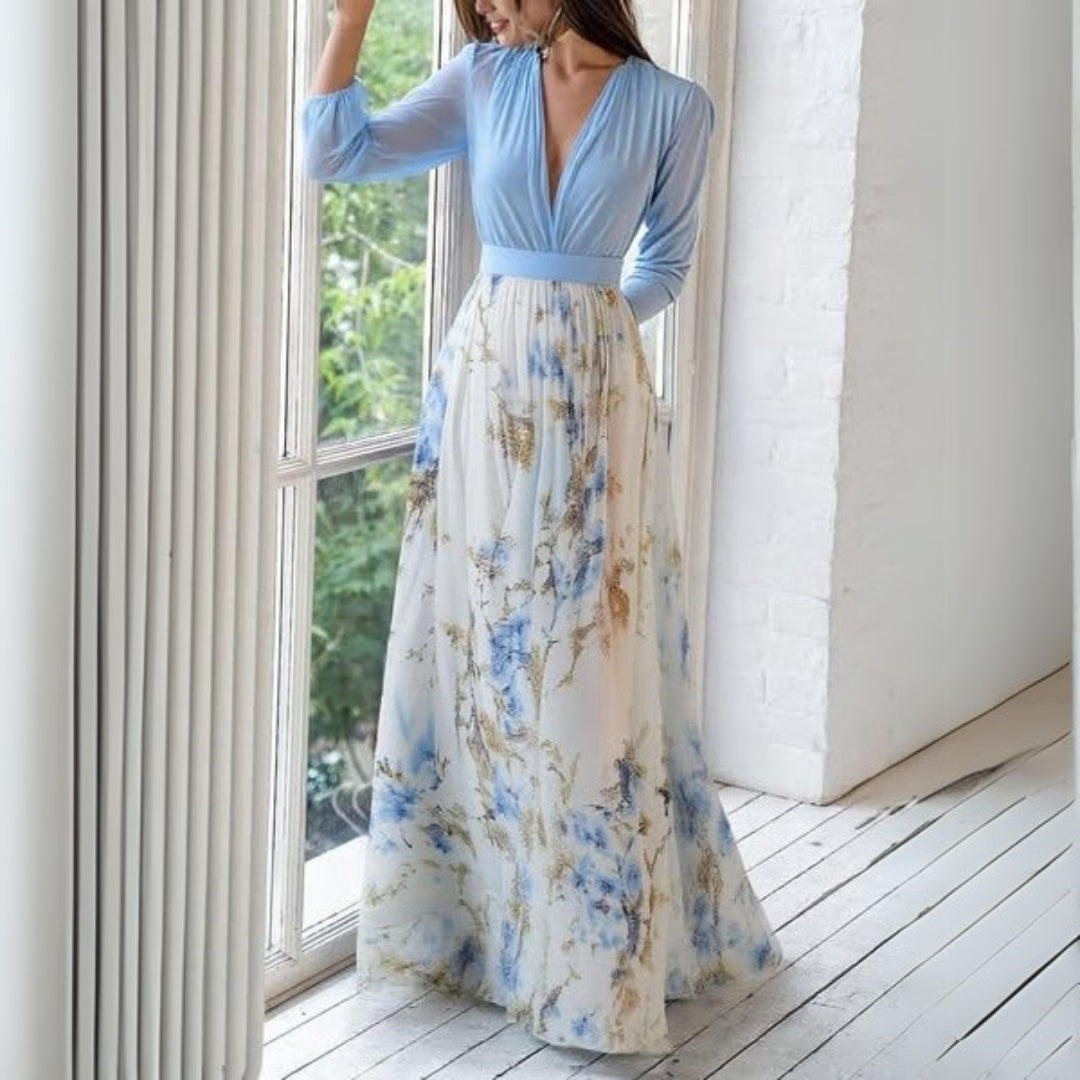 Floral V-Neck Fitted Bodice Maxi Dress