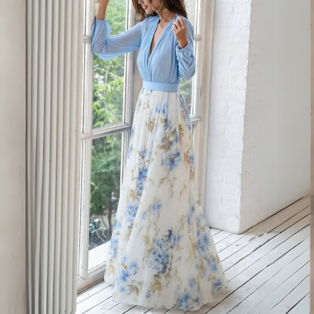 Floral V-Neck Fitted Bodice Maxi Dress