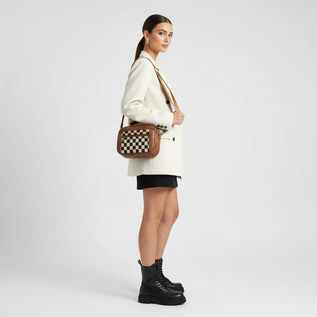 Compact Checkerboard Print Shoulder Bag