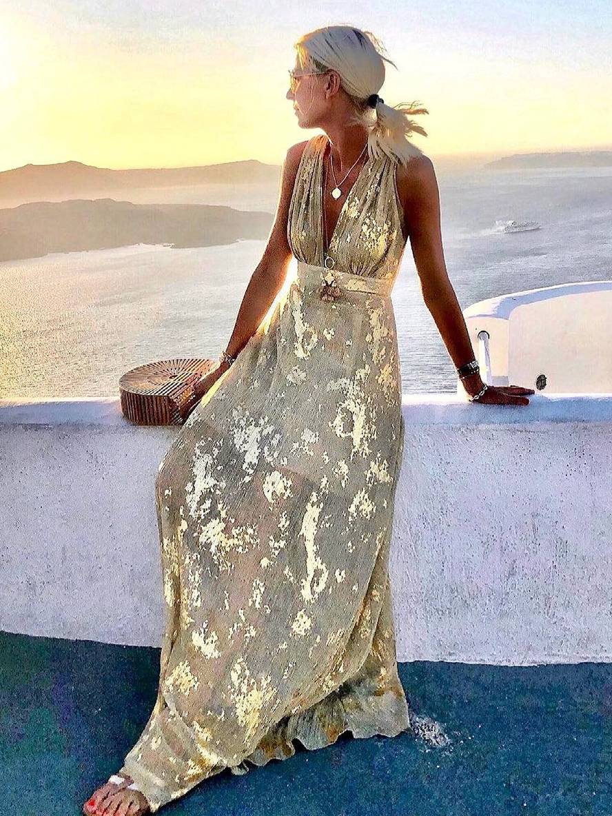 Sleeveless Sequin Maxi Dress with V-Neck for Evening Events